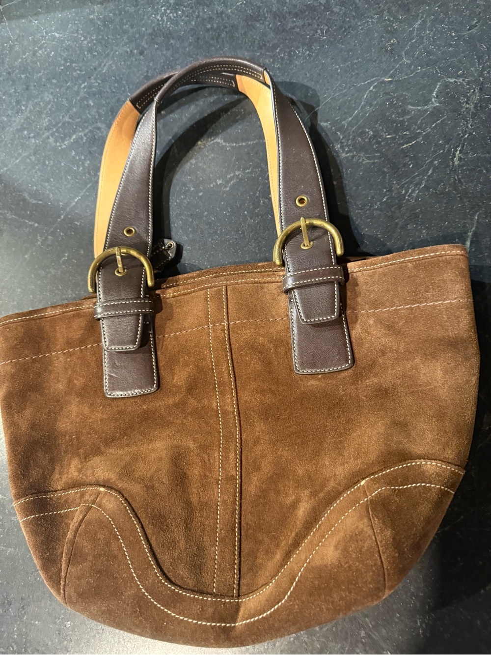 Y2K Coach Brown Suede Buckle Tote Bag with Dark Leather Straps - Picture 3 of 5